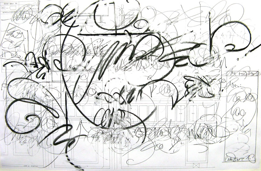 Curly Commentary on Elevations<br/> graphite & charcoal on architectural drawing, 24" x 36"<br/>2012 : Commentary : Amy Finley Scott