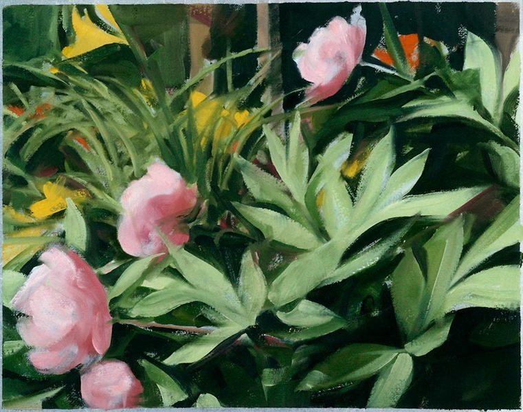 Peony Garden<br />
oil on paper, 15" x 19"<br />
1989  SOLD : Flowers and Gardens : Amy Finley Scott