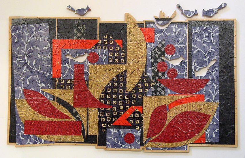 Night Terrace with Birds<br />
collage on wood, jigsaw puzzle, 12 1/2" x 20"<br />
2005 : Selected Jigsaw Puzzles : Amy Finley Scott