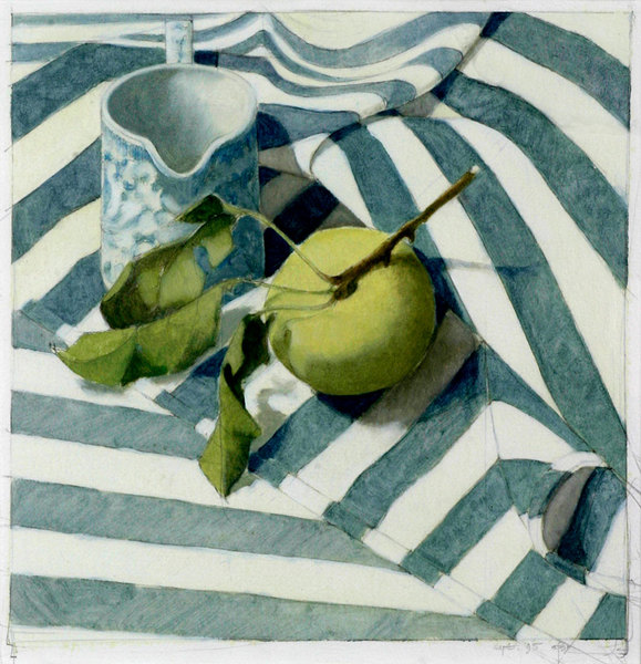 Green Apple, Old Blue Stripes<br />
oil on paper, 12 1/4" x 12 1/4"<br />
1995 : Still Life : Amy Finley Scott