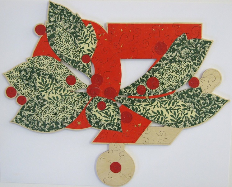 Unicycle, Christmas Puzzle '07<br/>collage on wood<br/>10" x 13"<br/>2007 : Selected Jigsaw Puzzles : Amy Finley Scott