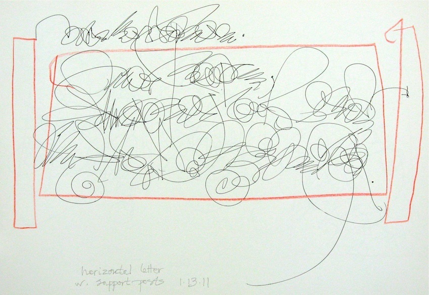 Horizontal Letter with Support Posts<br/>colored pencil & pen on paper, 11 1/2" x 16"<br/>2011 : Commentary : Amy Finley Scott