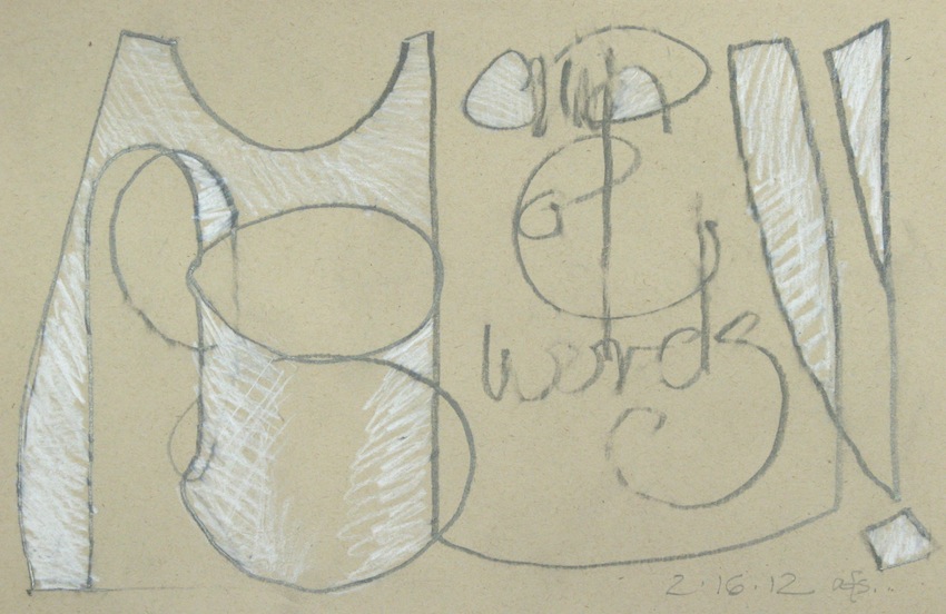 Cup of Words (2)<br/>graphite & white pencil on brown paper<br/>2012 : Commentary : Amy Finley Scott