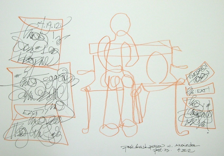 Park Bench Person w. Reminder Post-its<br/>colored pencil & pen, 11 1/2 " x 16"<br/>2012 : Commentary : Amy Finley Scott
