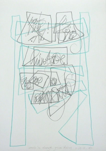 Words in Storage, Green Shelves<br/>colored pencil & graphite, 16" x 11 1/2"<br/>2012 : Commentary : Amy Finley Scott
