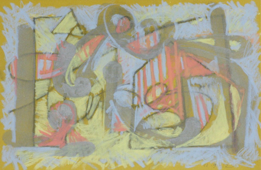 Neighborhood<br/>graphite, water color, water soluble crayon on mustard paper, 5 1/2" x 8 1/2"<br/>2012 : 2012 - 2014 : Amy Finley Scott