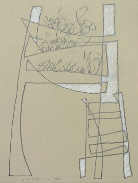 Words on High Shelves, Small Ladder<br/>graphite & white pencil on brown paper, 11" x 8 1/2"<br/>2012 : Commentary : Amy Finley Scott