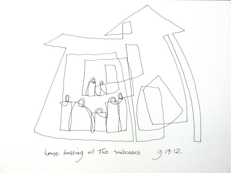 House Holding all the Suitcases<br/>pen on paper, 2012 : Continuous Line Drawings : Amy Finley Scott