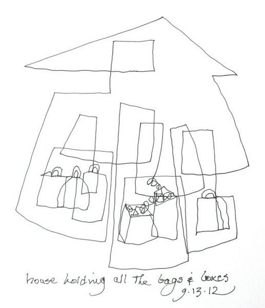 House Holding all the Bags & Boxes<br/>pen on paper, 2012 : Continuous Line Drawings : Amy Finley Scott