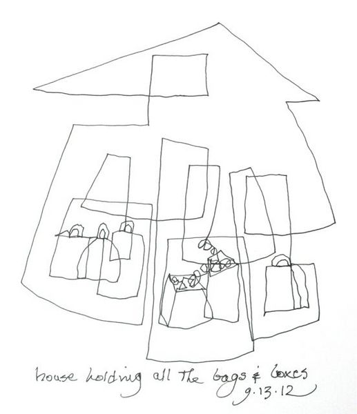 House Holding all the Bags & Boxes<br/>pen on paper, 2012 : Continuous Line Drawings : Amy Finley Scott