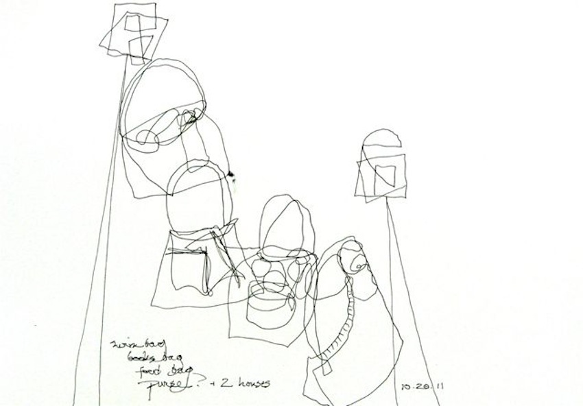 Swim Bag, Book Bag, Food Bag, Purse<br/>pen on paper, 2011 : Continuous Line Drawings : Amy Finley Scott