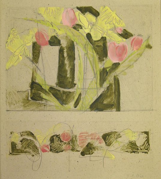 House Bouquet with Footnotes<br />
graphite & oil on paper, 9" x 8"<br />
2006 : Early Abstract : Amy Finley Scott