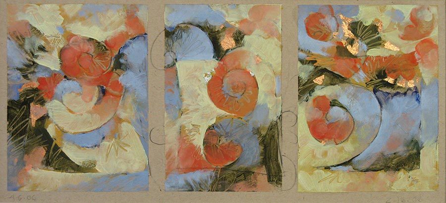 Celebration<br />
graphite oil & copper foil on paper, 6 1/2" x 13 1/2"<br />
2006 : Early Abstract : Amy Finley Scott