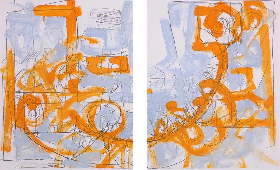 Door Buzzers, Wires, with AC (diptych)<br />
graphite & oil on paper, 30" x 46"<br />
 2007 : Other Abstract Paintings : Amy Finley Scott