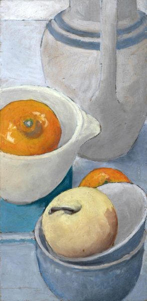 Blue, Greys, & Tangerines<br />
oil crayon on wood, 10" x 5"<br />
1985 : Still Life : Amy Finley Scott