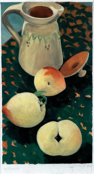 Split Peach<br />
oil on paper, 14 1/2" x 8 1/4"<br />
1986 : Still Life : Amy Finley Scott