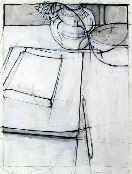 Wednesday's Desk I<br />
pencil & tempera on paper, 17" x 13"<br />
1979 : Still Life : Amy Finley Scott