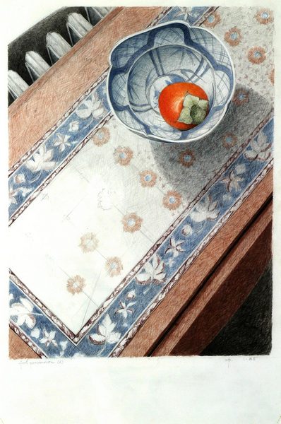 First Persimmon II<br />
colored pencil on paper, 19 1/2" x 14 1/2"<br />
1985 : Still Life : Amy Finley Scott