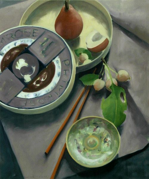 Pear and a Piece with Chinese Saucer<br />
oil on paper, 26 1/2" x 22"<br />
1987 : Still Life : Amy Finley Scott