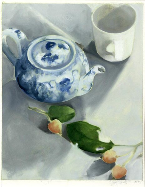 October Teapot<br />
oil on paper, 17 1/2" x 13 1/2"<br />
1987 : Still Life : Amy Finley Scott