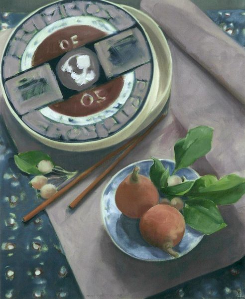 Cheese Box, Oregon Pears<br />
oil on paper, 21 1/4" x 17 1/2"<br />
1987 : Still Life : Amy Finley Scott