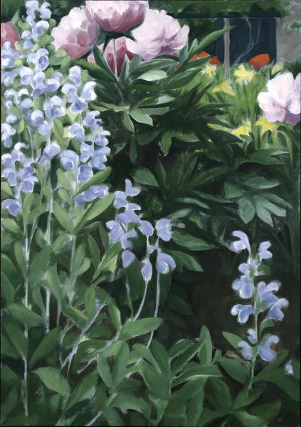 Sage & Peonies<br />
oil on canvas, 40" x 28"<br />
1988 : Flowers and Gardens : Amy Finley Scott
