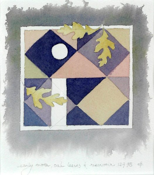 Early Moon, Oak Leaves & Reservoir<br />
watercolor, 8 1/2" x 8"<br />
1998 : Flowers and Gardens : Amy Finley Scott