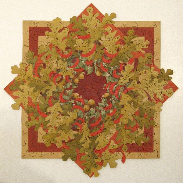 Oak Wreath<br />
oil on wood, jigsaw puzzle, 14" x 14"<br />
2002 : Selected Jigsaw Puzzles : Amy Finley Scott