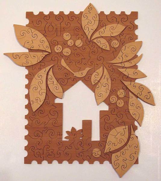 House and Bird<br />
cherry and birch plywoods, jigsaw puzzle, 13" x 11"<br />
2001 : Selected Jigsaw Puzzles : Amy Finley Scott