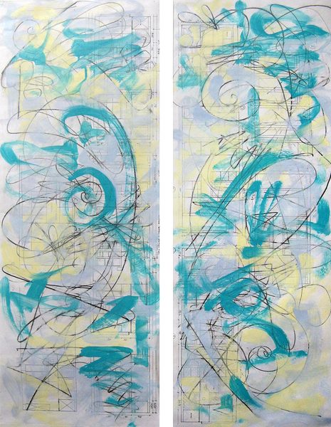 Runes on a Drawing, Diptych<br />
graphite & oil on Xerox, 35 1/2" x 13" each<br />
2009 : On Lines : Amy Finley Scott