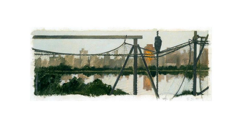 Railing, Net, Sunset<br />
oil on paper, 4" x 10 3/4"<br />
2001 : City : Amy Finley Scott
