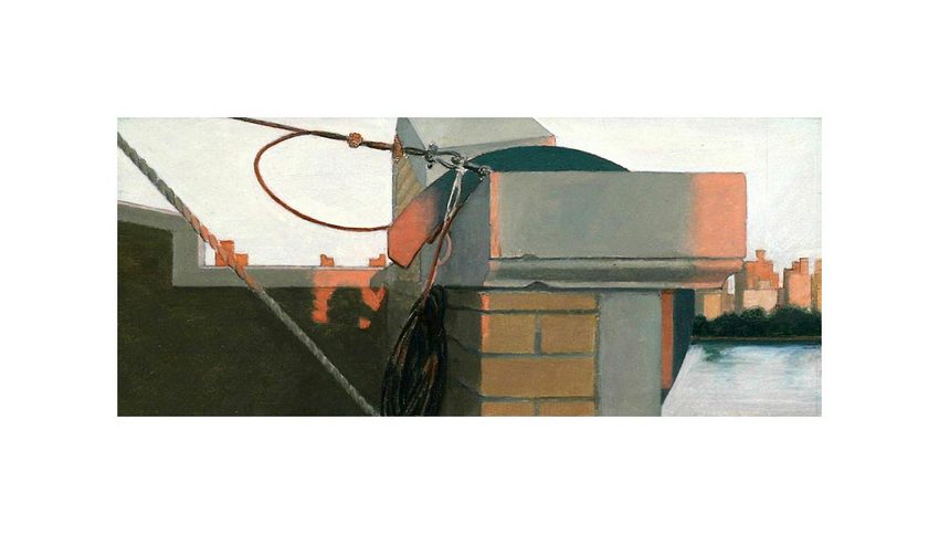 Parapet Wall, Blue Hook<br />
oil on wood, 3 1/4" x 7 3/4"<br />
2001 : City : Amy Finley Scott