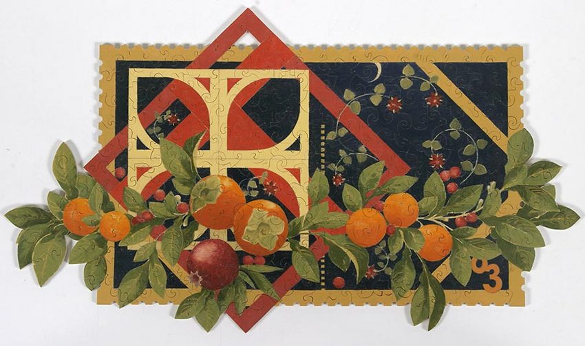 Commemorative Stamp with Oranges<br />
oil on wood, jigsaw puzzle, 11 3/4" x 20 1/2"<br />
2003 : Selected Jigsaw Puzzles : Amy Finley Scott