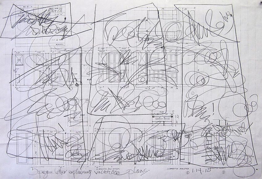 5 Page Letter Explaining Vacation Plans<br/>graphite on copy of architectural drawing, 24" x 36"<br/> 2010 : Commentary : Amy Finley Scott